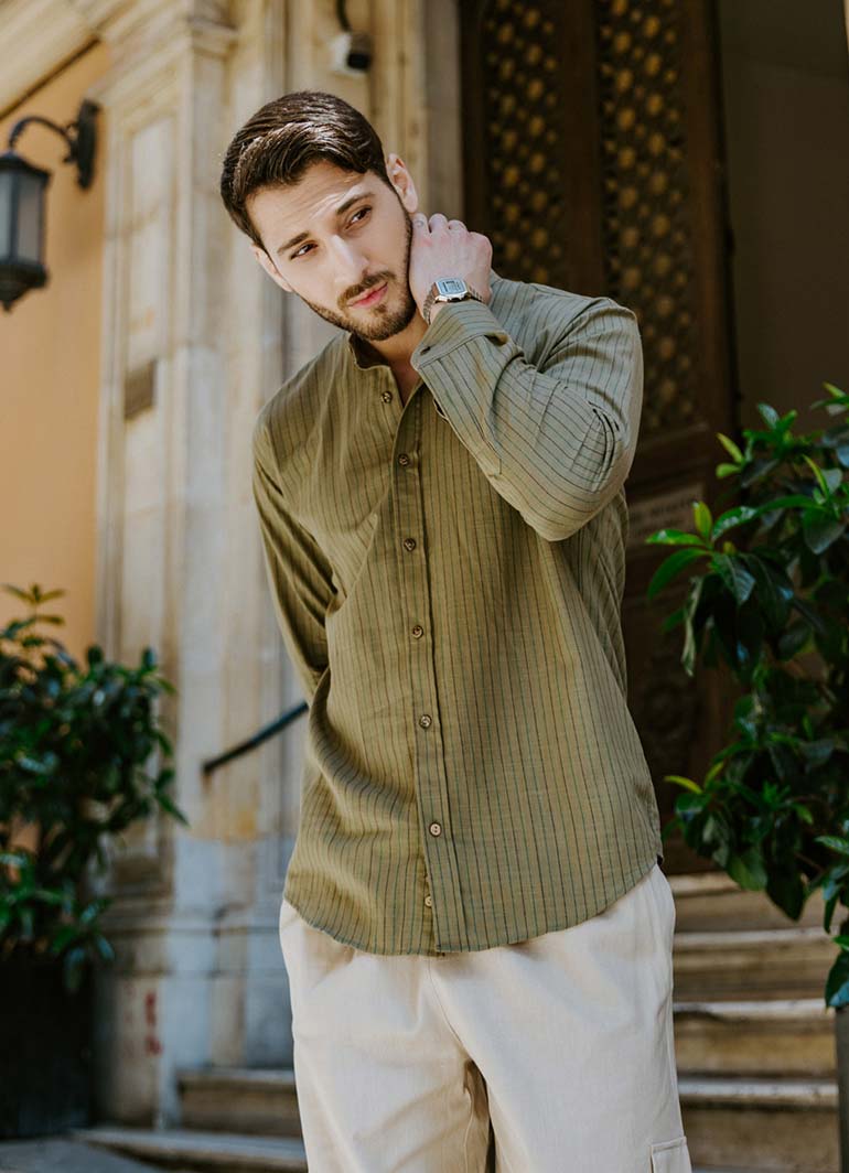 Long Sleeve Khaki Striped Men's Cotton Shirt
