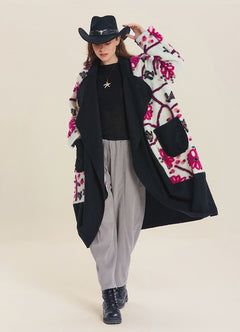 White Floral Patterned Long Cardigan with Pockets