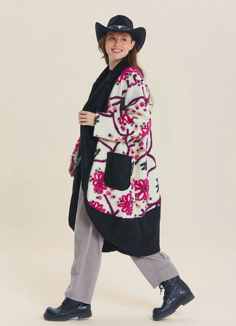 White Floral Patterned Long Cardigan with Pockets