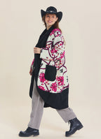 White Floral Patterned Long Cardigan with Pockets