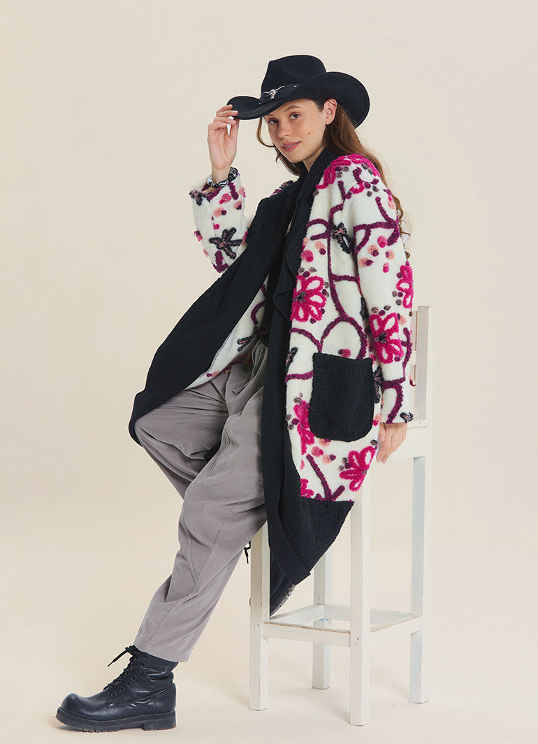 White Floral Patterned Long Cardigan with Pockets