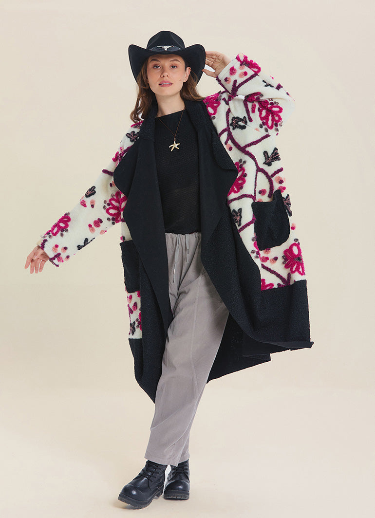 White Floral Patterned Long Cardigan with Pockets