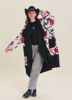 White Floral Patterned Long Cardigan with Pockets