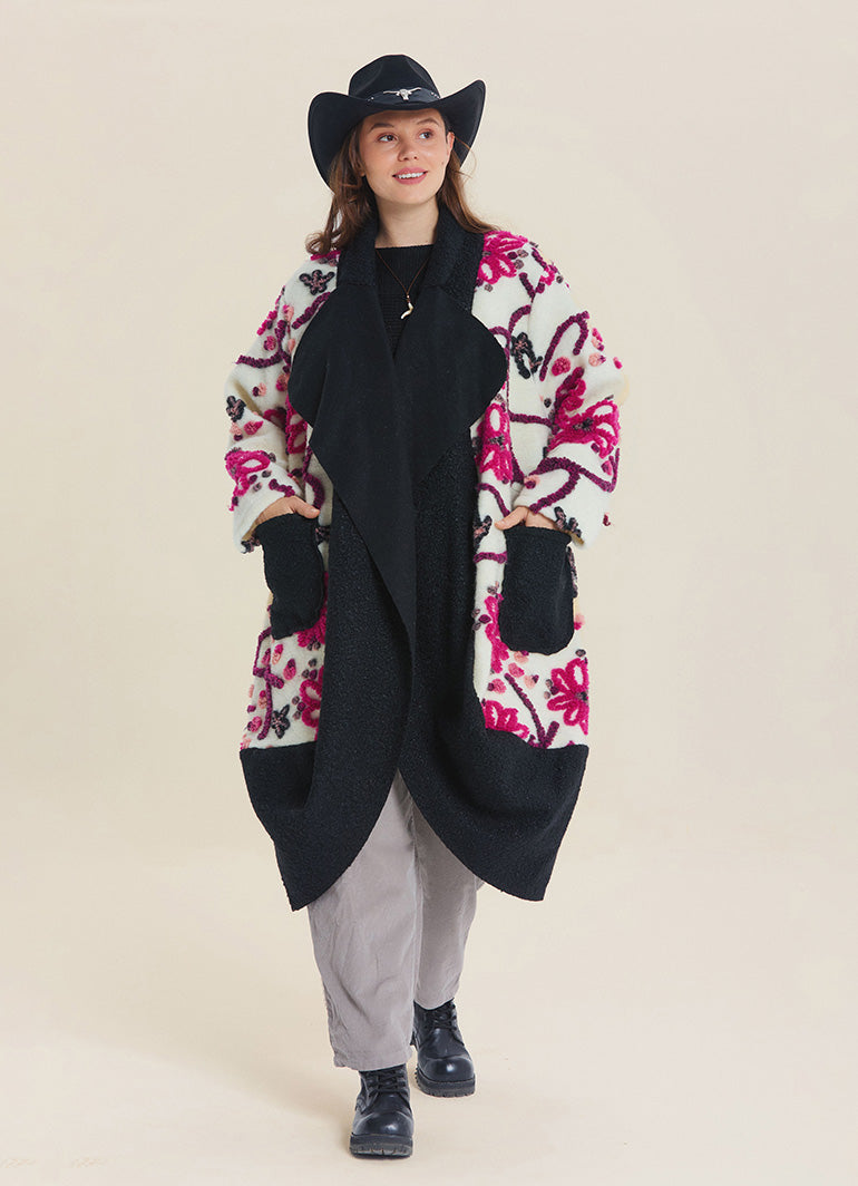 White Floral Patterned Long Cardigan with Pockets