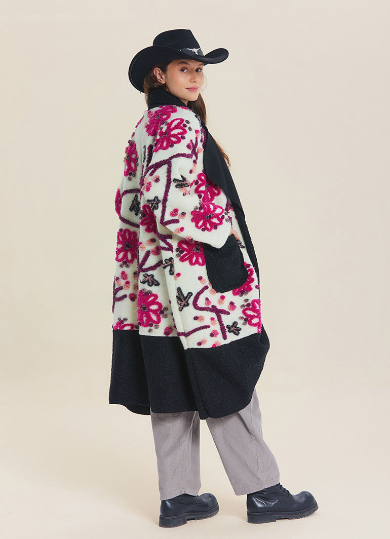 White Floral Patterned Long Cardigan with Pockets