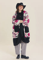 White Floral Patterned Long Cardigan with Pockets