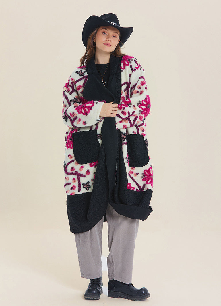 White Floral Patterned Long Cardigan with Pockets