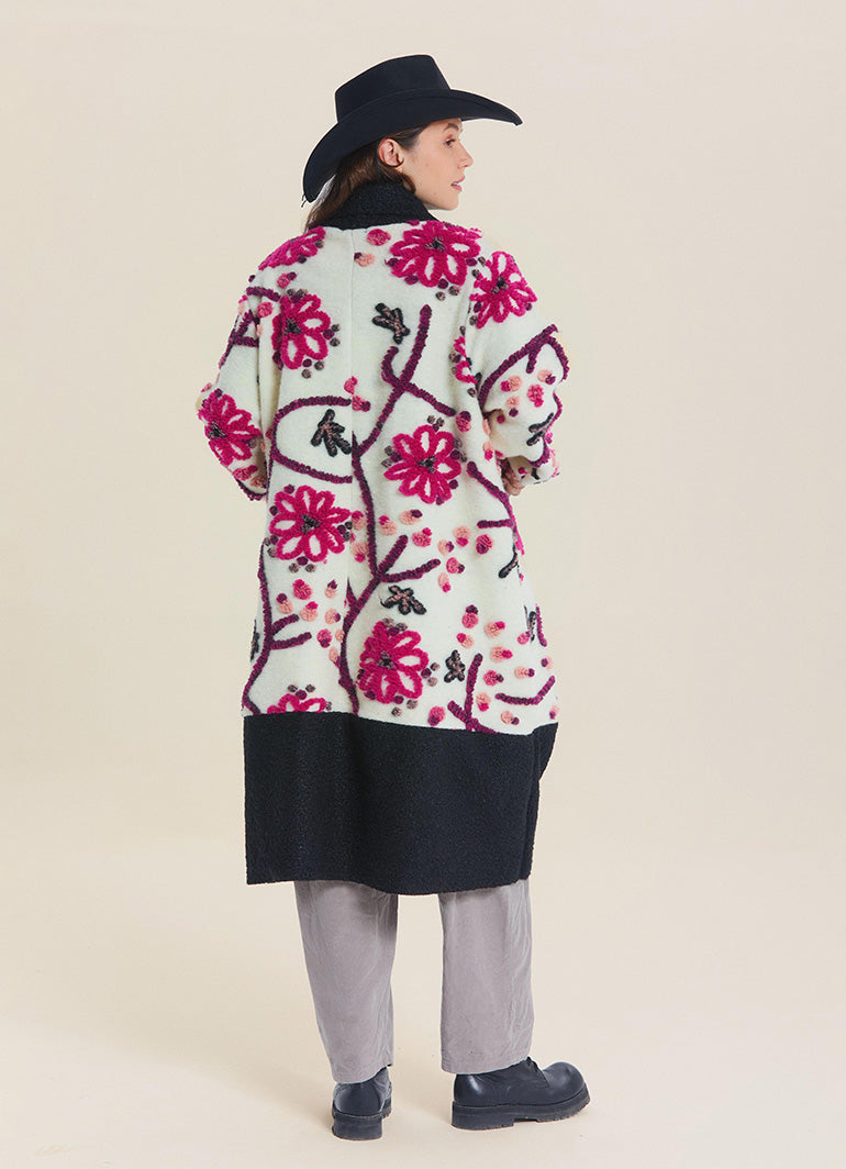 White Floral Patterned Long Cardigan with Pockets
