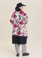 White Floral Patterned Long Cardigan with Pockets