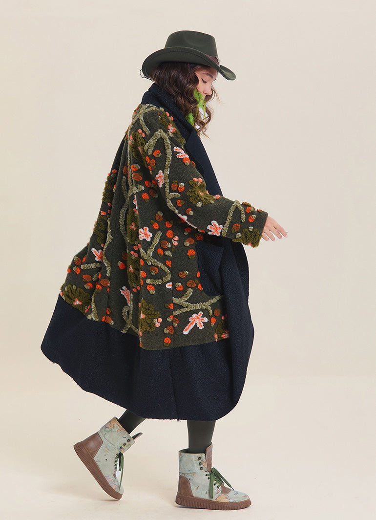 Khaki Floral Patterned Long Cardigan with Pockets