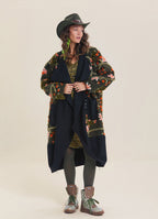 Khaki Floral Patterned Long Cardigan with Pockets