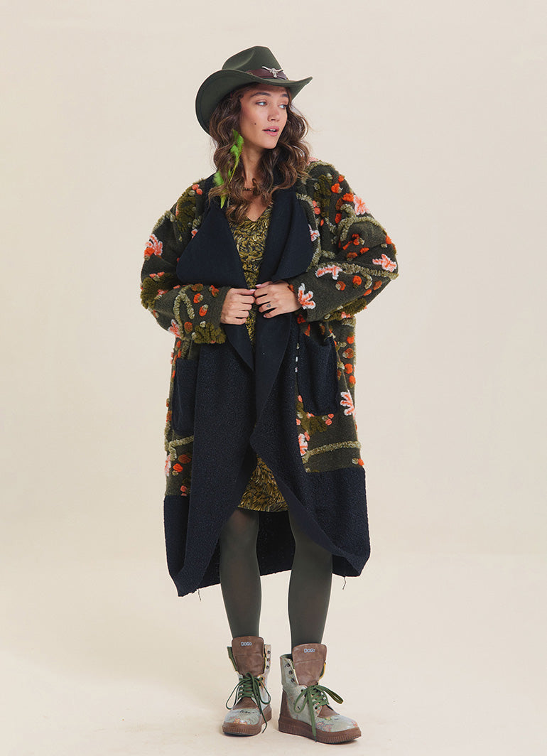 Khaki Floral Patterned Long Cardigan with Pockets