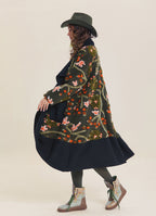 Khaki Floral Patterned Long Cardigan with Pockets