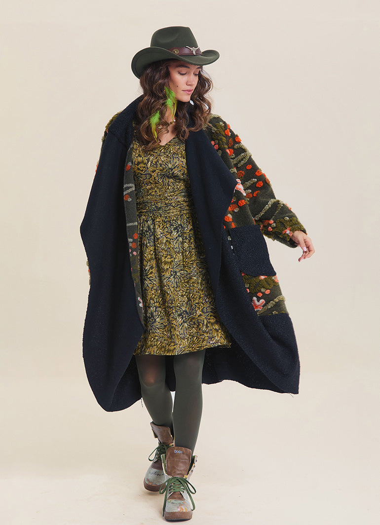 Khaki Floral Patterned Long Cardigan with Pockets