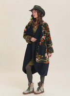 Khaki Floral Patterned Long Cardigan with Pockets