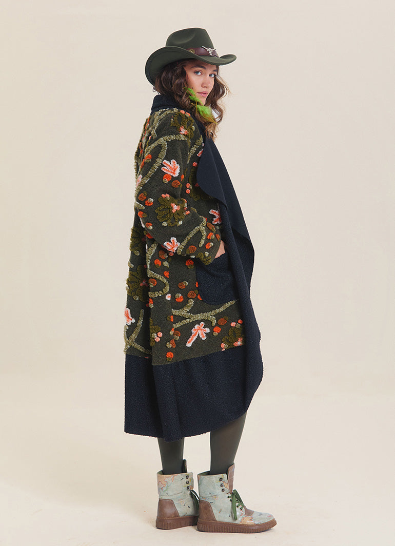 Khaki Floral Patterned Long Cardigan with Pockets