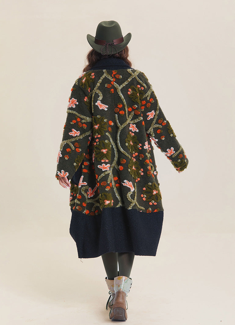 Khaki Floral Patterned Long Cardigan with Pockets