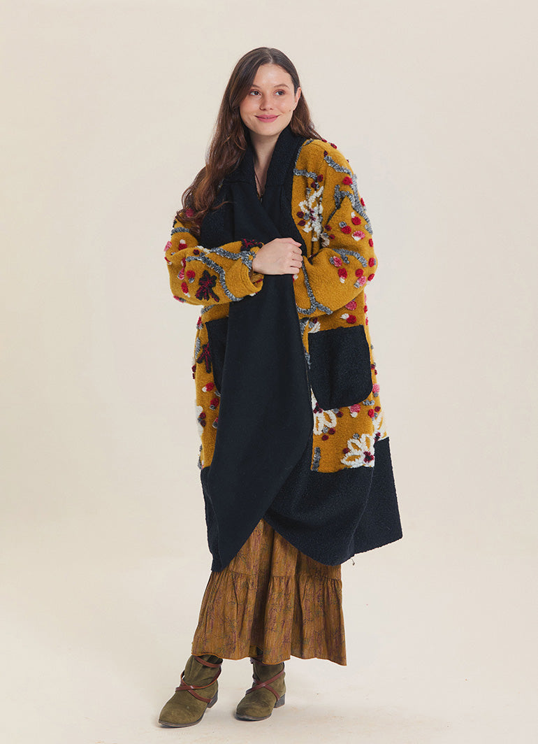 Mustard Floral Patterned Long Cardigan with Pockets