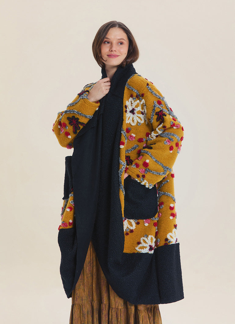 Mustard Floral Patterned Long Cardigan with Pockets