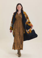 Mustard Floral Patterned Long Cardigan with Pockets