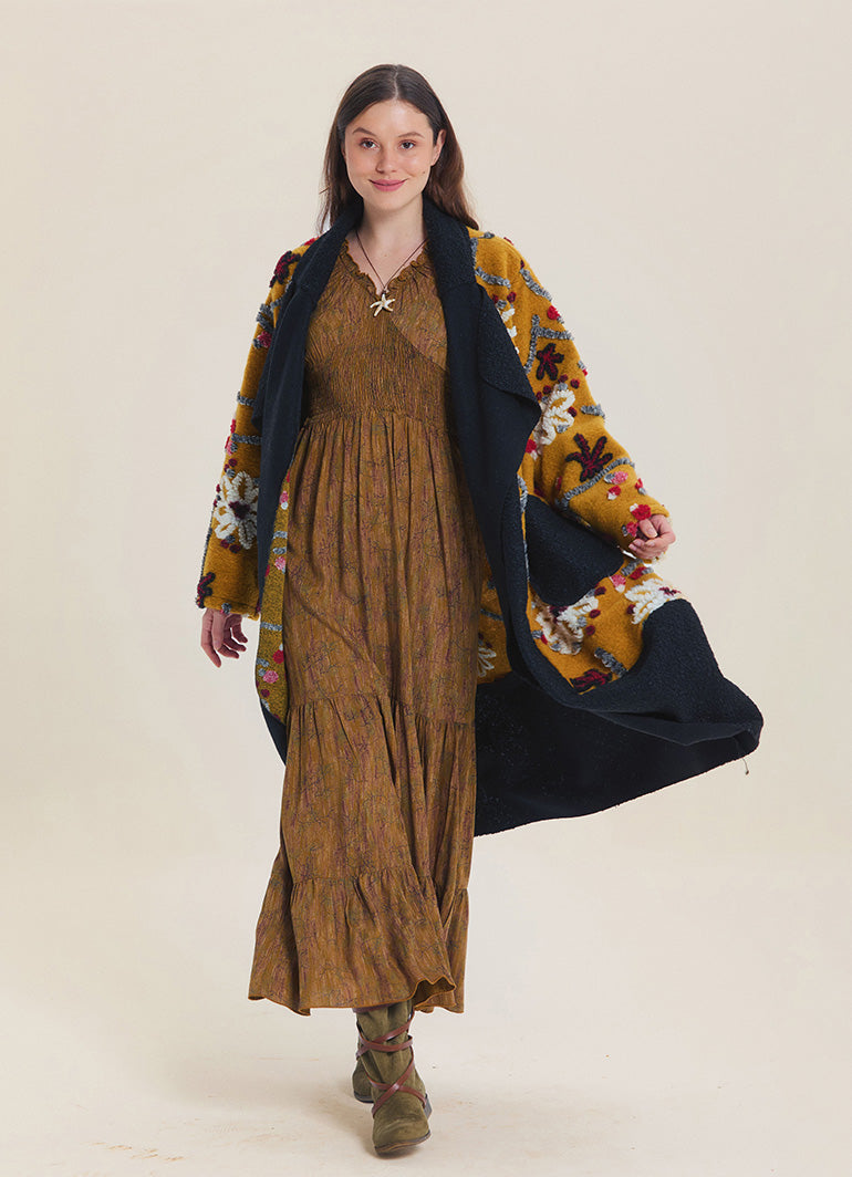 Mustard Floral Patterned Long Cardigan with Pockets