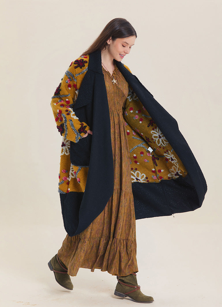 Mustard Floral Patterned Long Cardigan with Pockets