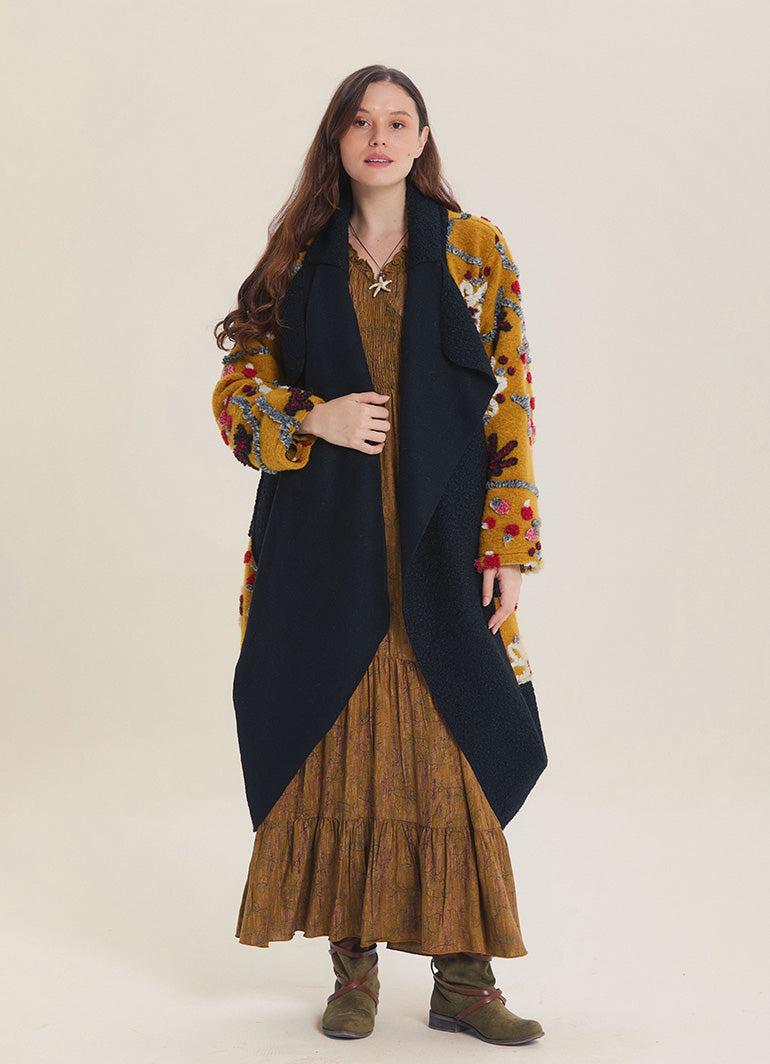 Mustard Floral Patterned Long Cardigan with Pockets