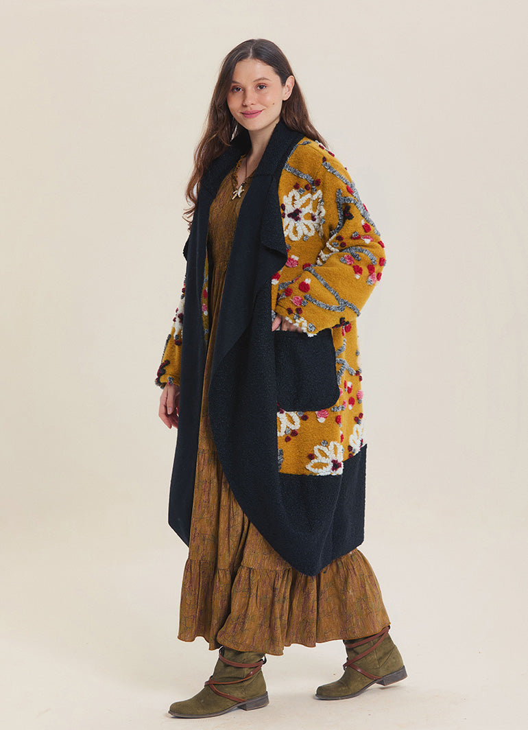 Mustard Floral Patterned Long Cardigan with Pockets