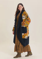 Mustard Floral Patterned Long Cardigan with Pockets