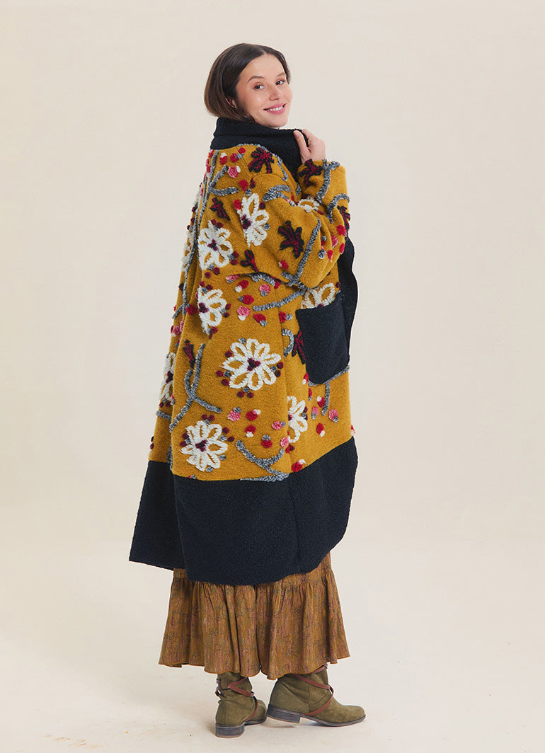 Mustard Floral Patterned Long Cardigan with Pockets