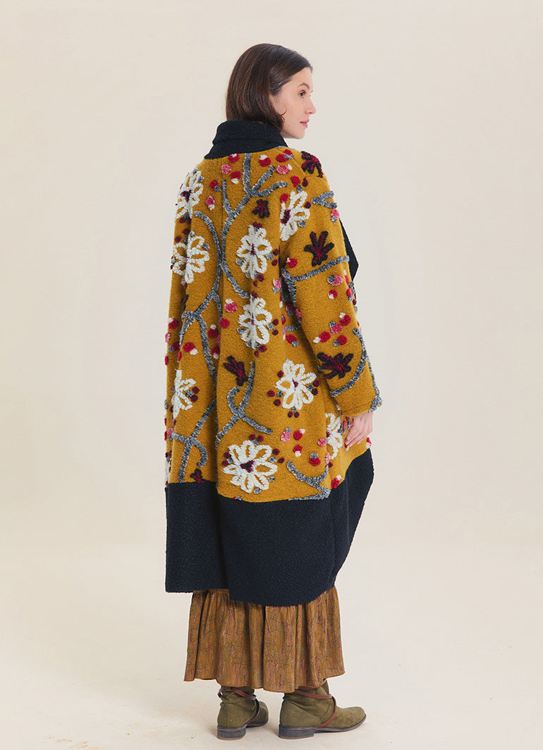 Mustard Floral Patterned Long Cardigan with Pockets