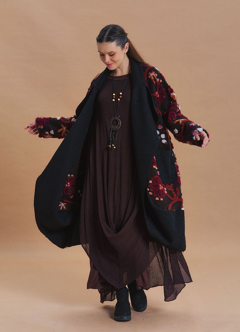 Brown Floral Patterned Long Cardigan with Pockets