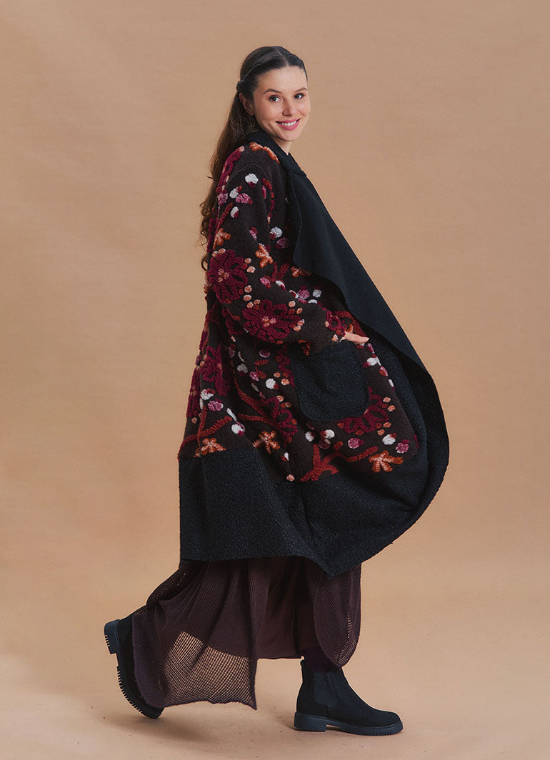 Brown Floral Patterned Long Cardigan with Pockets