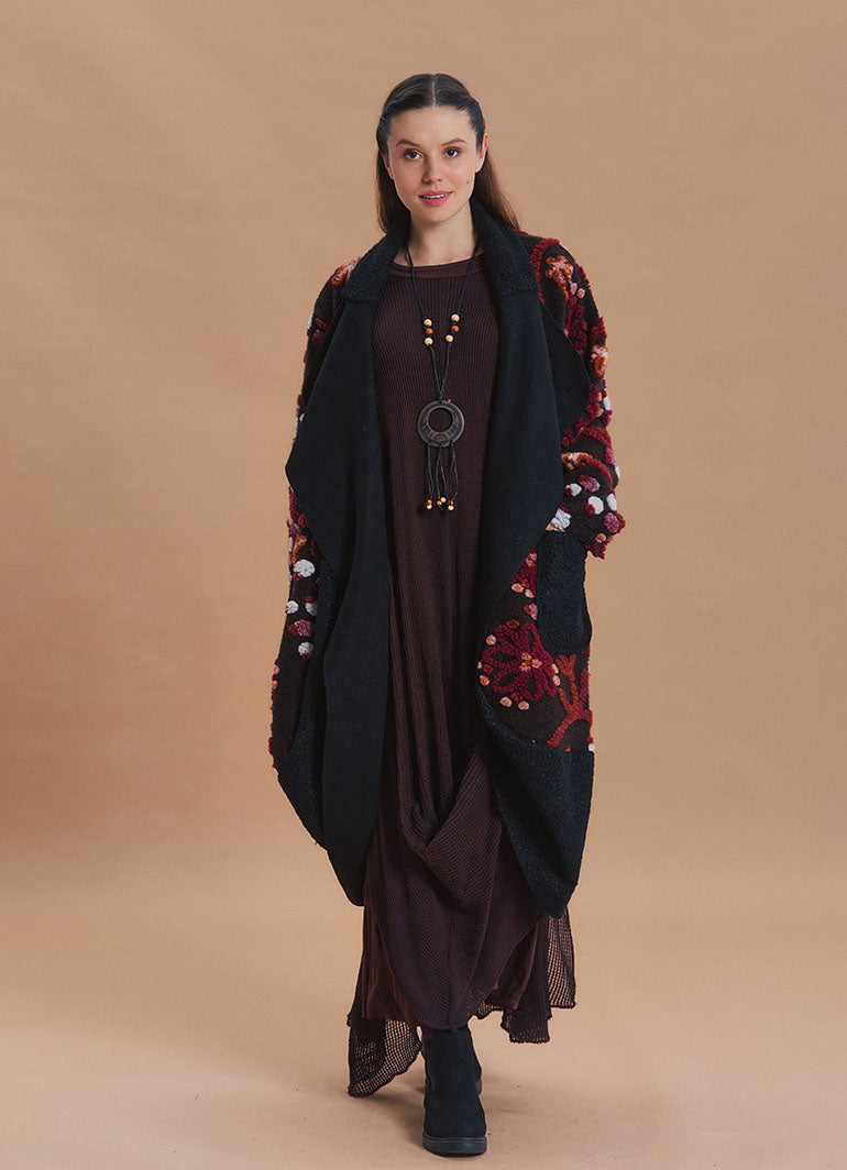 Brown Floral Patterned Long Cardigan with Pockets