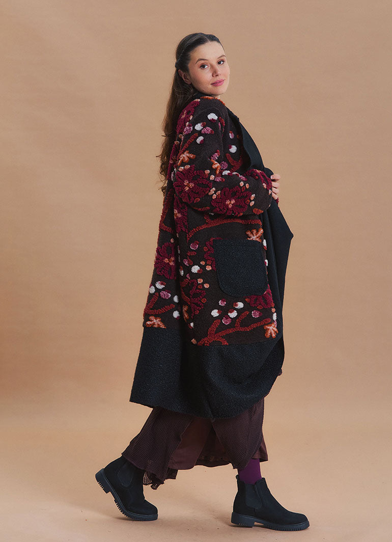 Brown Floral Patterned Long Cardigan with Pockets