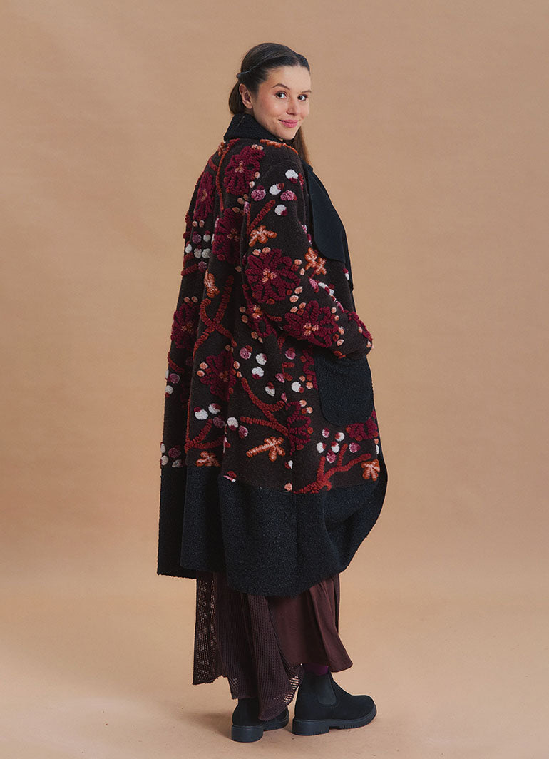 Brown Floral Patterned Long Cardigan with Pockets
