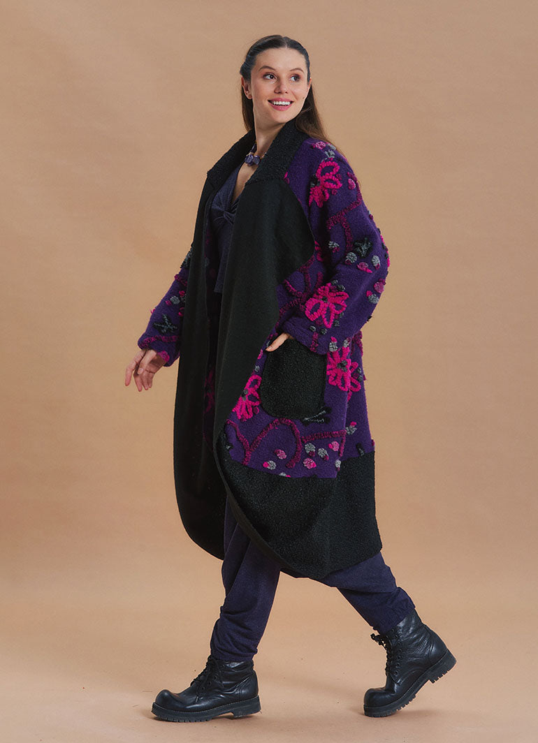 Purple Floral Patterned Long Cardigan with Pockets