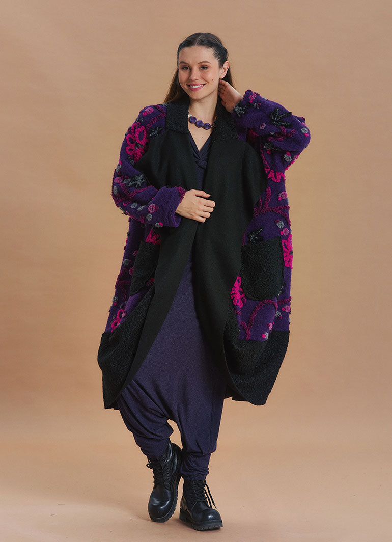 Purple Floral Patterned Long Cardigan with Pockets