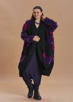 Purple Floral Patterned Long Cardigan with Pockets