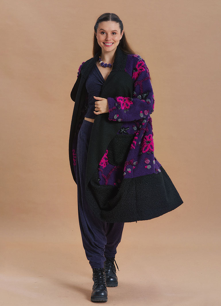 Purple Floral Patterned Long Cardigan with Pockets