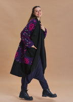 Purple Floral Patterned Long Cardigan with Pockets