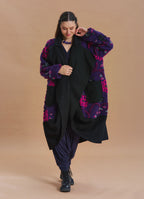 Purple Floral Patterned Long Cardigan with Pockets