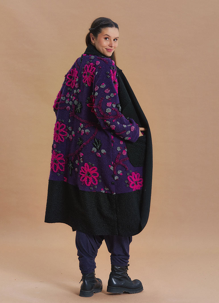 Purple Floral Patterned Long Cardigan with Pockets