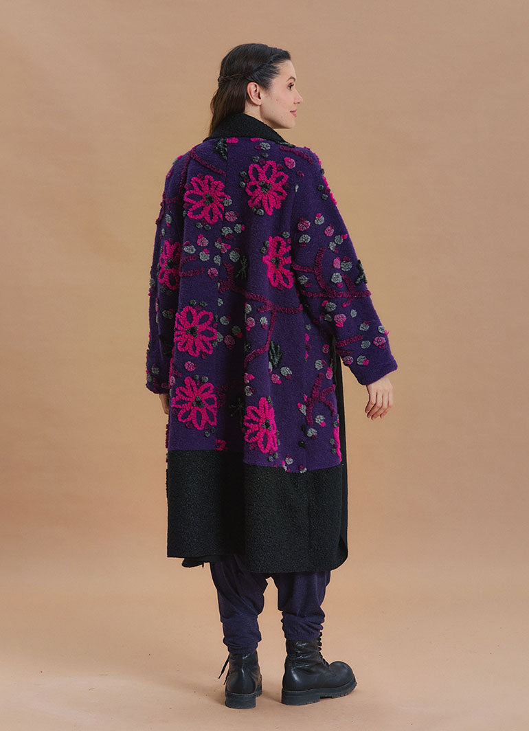 Purple Floral Patterned Long Cardigan with Pockets