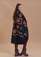 Black Floral Patterned Long Cardigan with Pockets