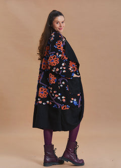 Black Floral Patterned Long Cardigan with Pockets