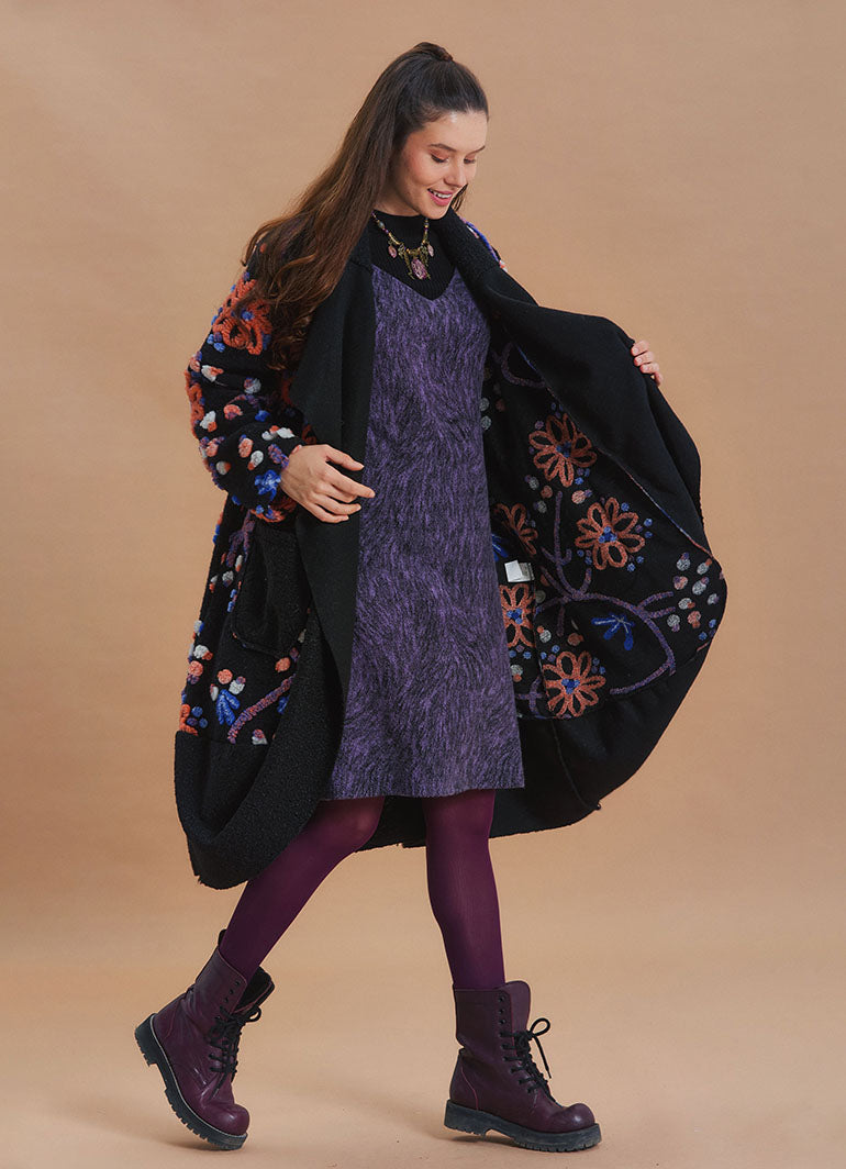 Black Floral Patterned Long Cardigan with Pockets