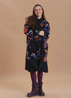 Black Floral Patterned Long Cardigan with Pockets