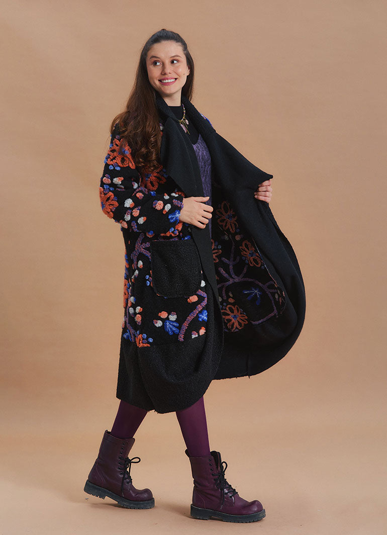 Black Floral Patterned Long Cardigan with Pockets
