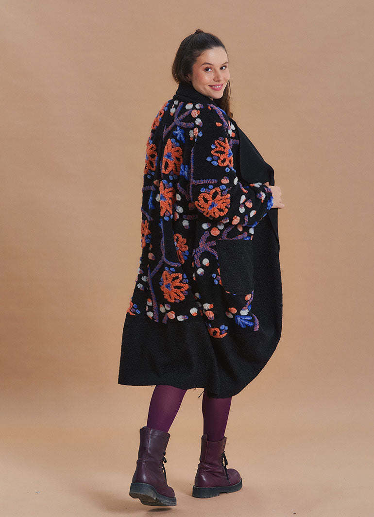 Black Floral Patterned Long Cardigan with Pockets